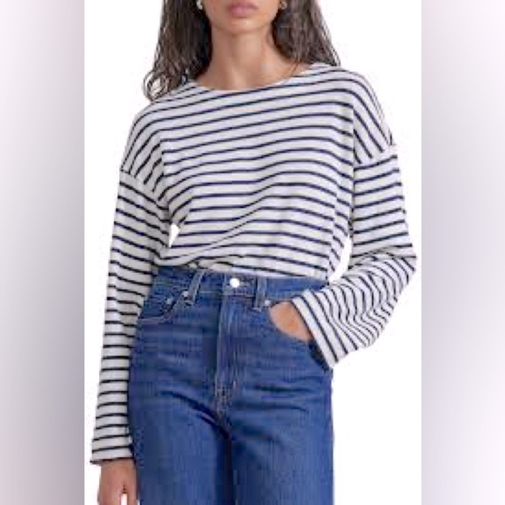 PISTOLA Navy White Striped Batwing Long Sleeved T Shirt Size M